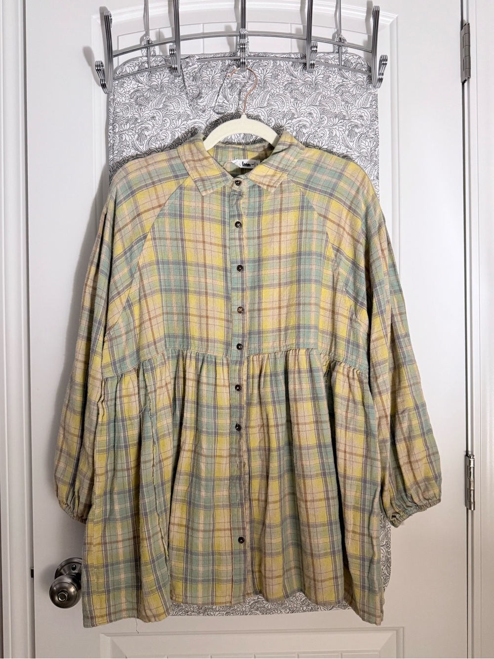 Button-Front Flannel Peasant Top- Yellow & Green Plaid